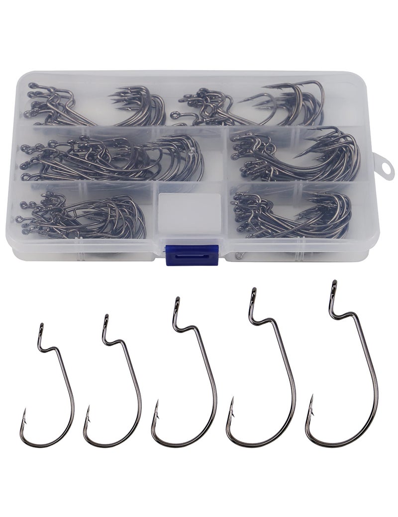 Facikono Bass Worm Hooks Offset Fishing Hooks 125pcs Wide Gap Bass Hook for Plastic Worms Bait Jig Fish Hooks - Image 1